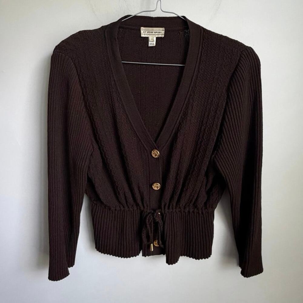 St. John Sport Wool Blend Puff Sleeve V-Neck Cardigan Sweater Brown Womens Large - Picture 2 of 9
